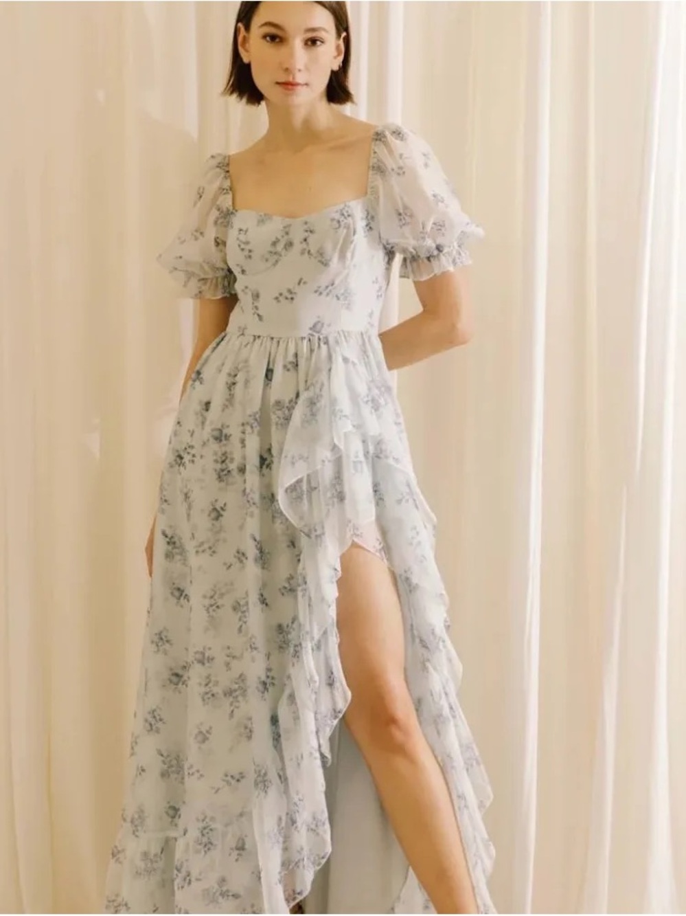 Storia Pale Blue Floral Ruffle Maxi Dress
